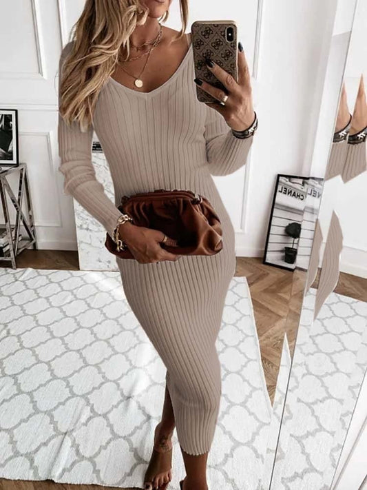 Women's Long Sleeve V-neck Camisole Midi Dress