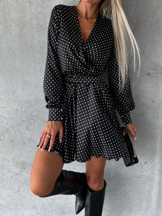 Long Sleeve Double Breasted Collar Skirt Flounce Small Polka Dot Mini Length Sports Lycra Dress - Polka Dot