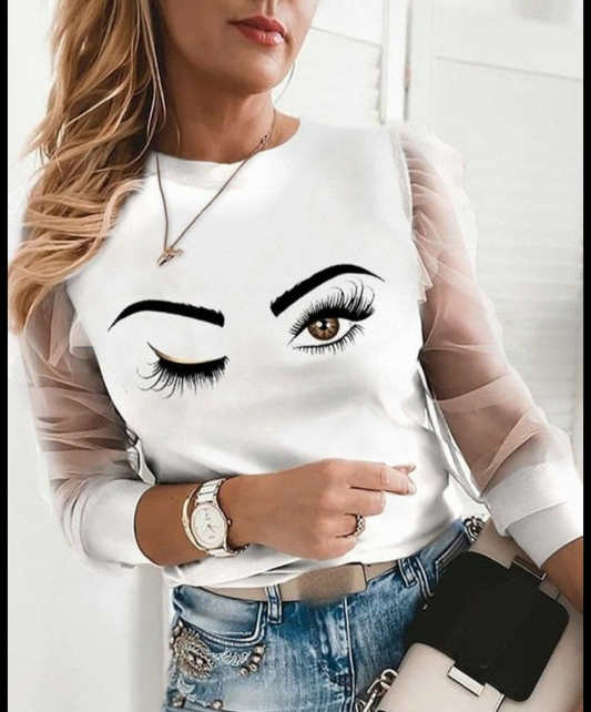 Women's Long Sleeve Sleeves Tulle Detail Eye Print Crepe Blouse