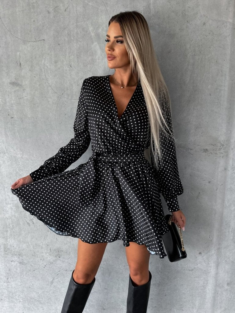 Long Sleeve Double Breasted Collar Skirt Flounce Small Polka Dot Mini Length Sports Lycra Dress - Polka Dot
