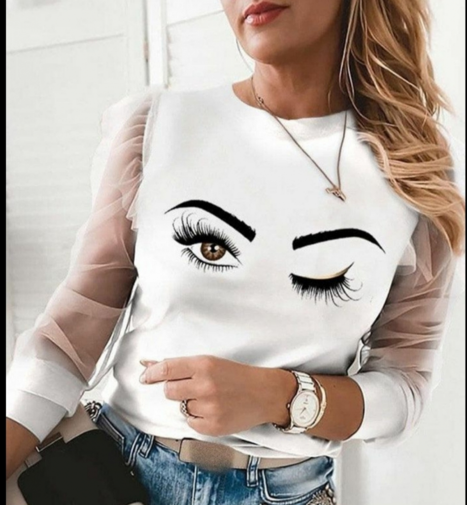 Women's Long Sleeve Sleeves Tulle Detail Eye Print Crepe Blouse