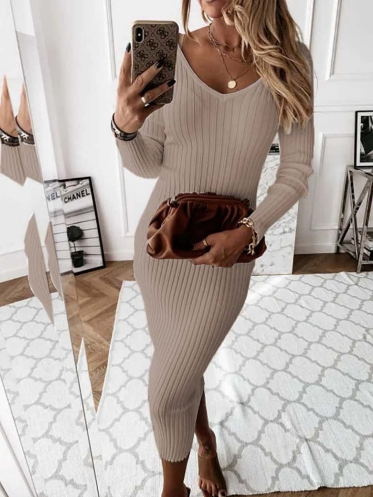 Women's Long Sleeve V-neck Camisole Midi Dress