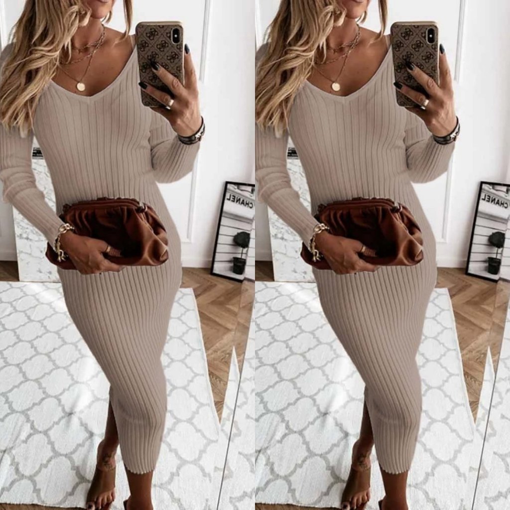 Women's Long Sleeve V-neck Camisole Midi Dress