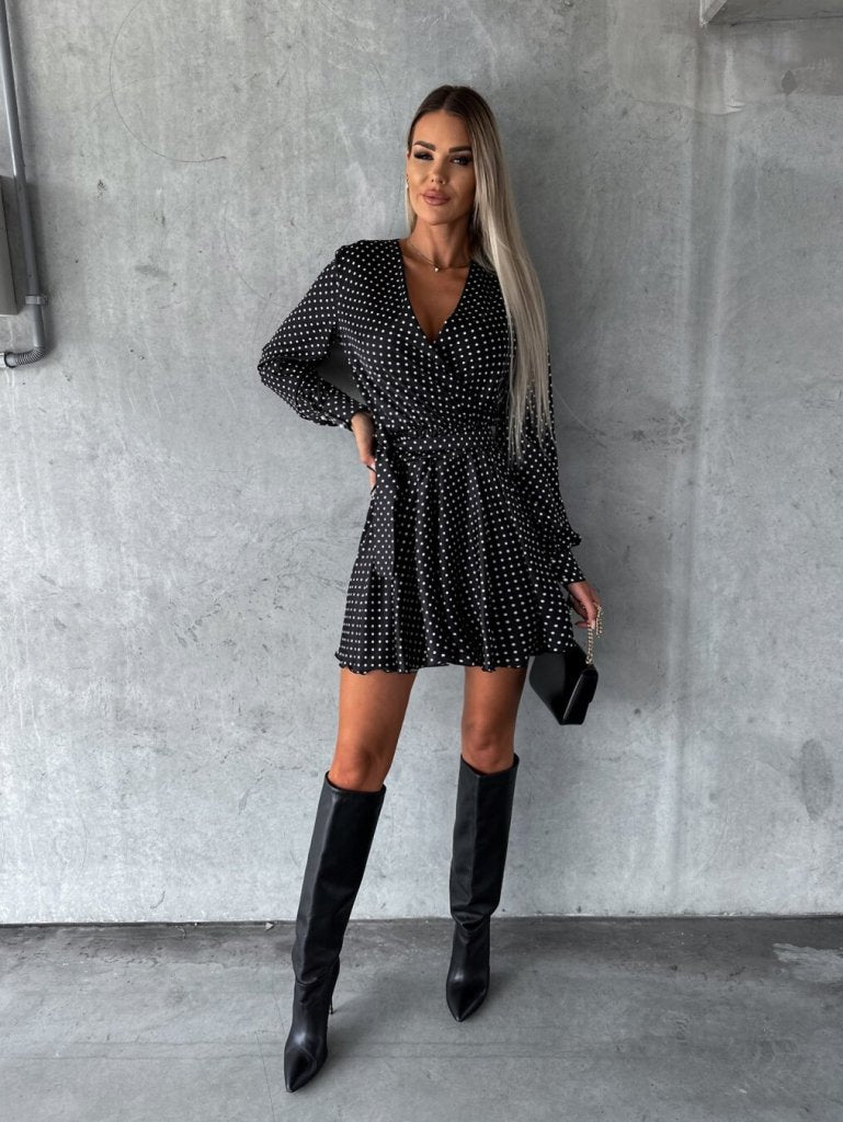 Long Sleeve Double Breasted Collar Skirt Flounce Small Polka Dot Mini Length Sports Lycra Dress - Polka Dot
